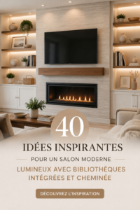 Un salon moderne et lumineux avec des étagères encastrées et une cheminée.