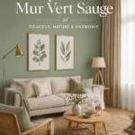 Mur peint en vert sauge créant une atmosphère apaisante dans un salon