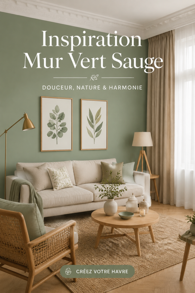 Mur peint en vert sauge créant une atmosphère apaisante dans un salon