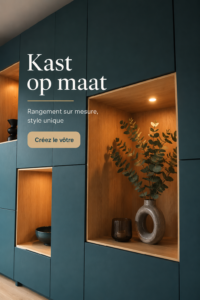 Un kast sur mesure moderne dans un salon lumineux, avec des étagères et des rangements personnalisés.