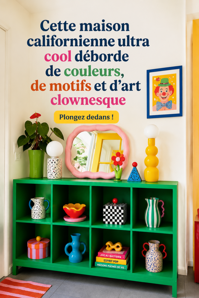 Intérieur d'une maison californienne avec des couleurs vibrantes et des motifs ludiques.