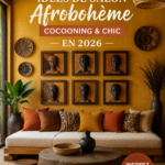 Un salon afro-hémique accueillant avec des textiles colorés et des meubles chaleureux.