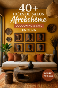 Un salon afro-hémique accueillant avec des textiles colorés et des meubles chaleureux.