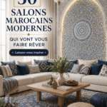 Un salon marocain moderne avec des couleurs vives et un mobilier stylé.