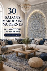 Un salon marocain moderne avec des couleurs vives et un mobilier stylé.