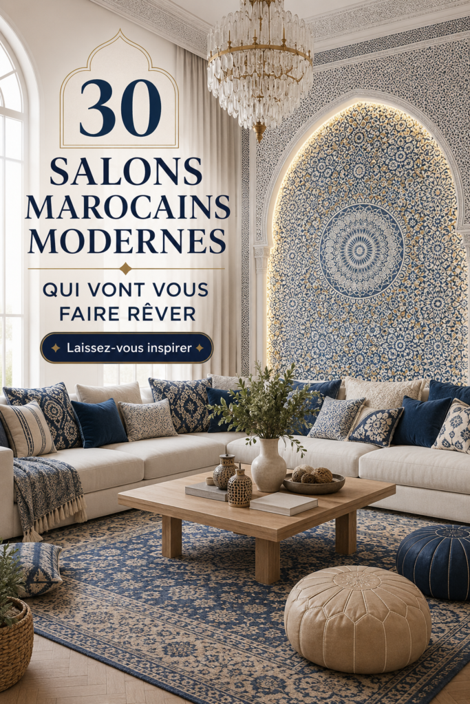 Un salon marocain moderne avec des couleurs vives et un mobilier stylé.