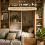 Un studio cosy décoré avec des étagères ouvertes remplies d'objets décoratifs et livres.