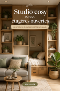 Un studio cosy décoré avec des étagères ouvertes remplies d'objets décoratifs et livres.