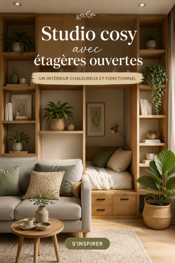 Un studio cosy décoré avec des étagères ouvertes remplies d'objets décoratifs et livres.