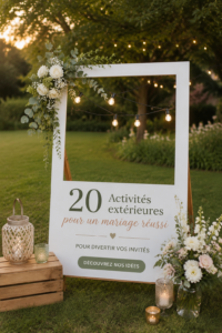 Fête de mariage en extérieur avec divers jeux et activités pour les invités.