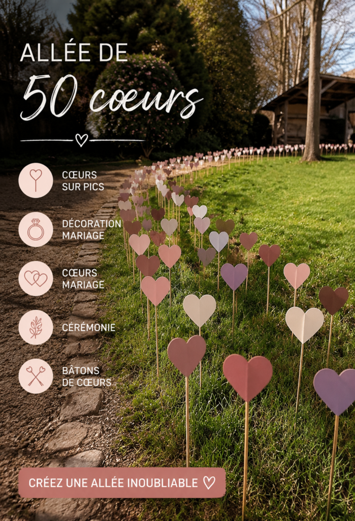 Allée de mariage décorée de cœurs sur pics, créant une ambiance romantique.