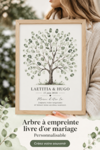 Un arbre à empreintes personnalisé en décor de mariage avec des empreintes de doigts colorées.