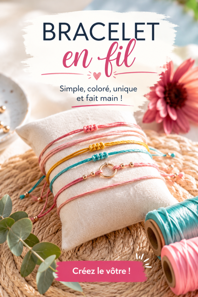 Bracelet en fil coloré fait-main sur une table en bois