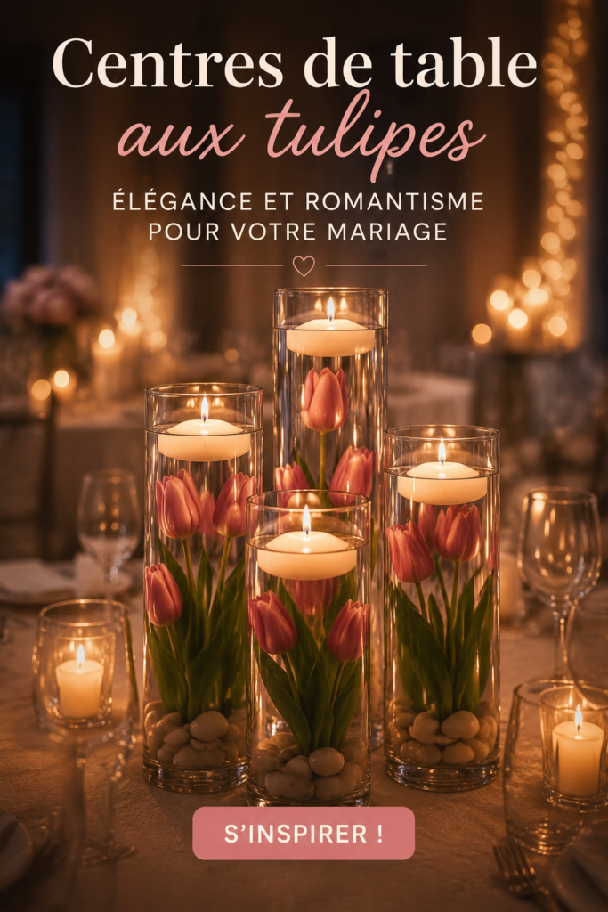 Arrangement floral élégant de tulipes immergées dans un cylindre pour un mariage