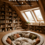 Un loft de lecture cosy aménagé dans un grenier avec des étagères et un fauteuil confortable.