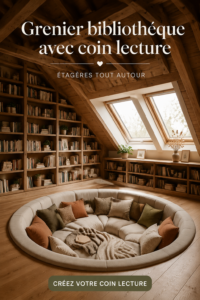 Un loft de lecture cosy aménagé dans un grenier avec des étagères et un fauteuil confortable.
