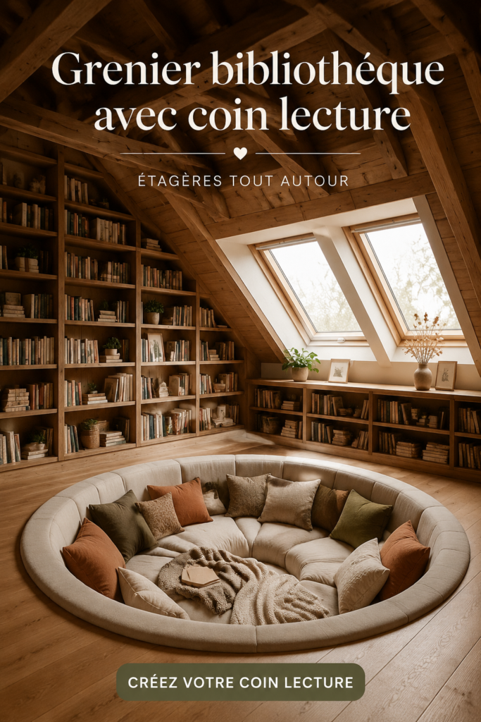 Un loft de lecture cosy aménagé dans un grenier avec des étagères et un fauteuil confortable.