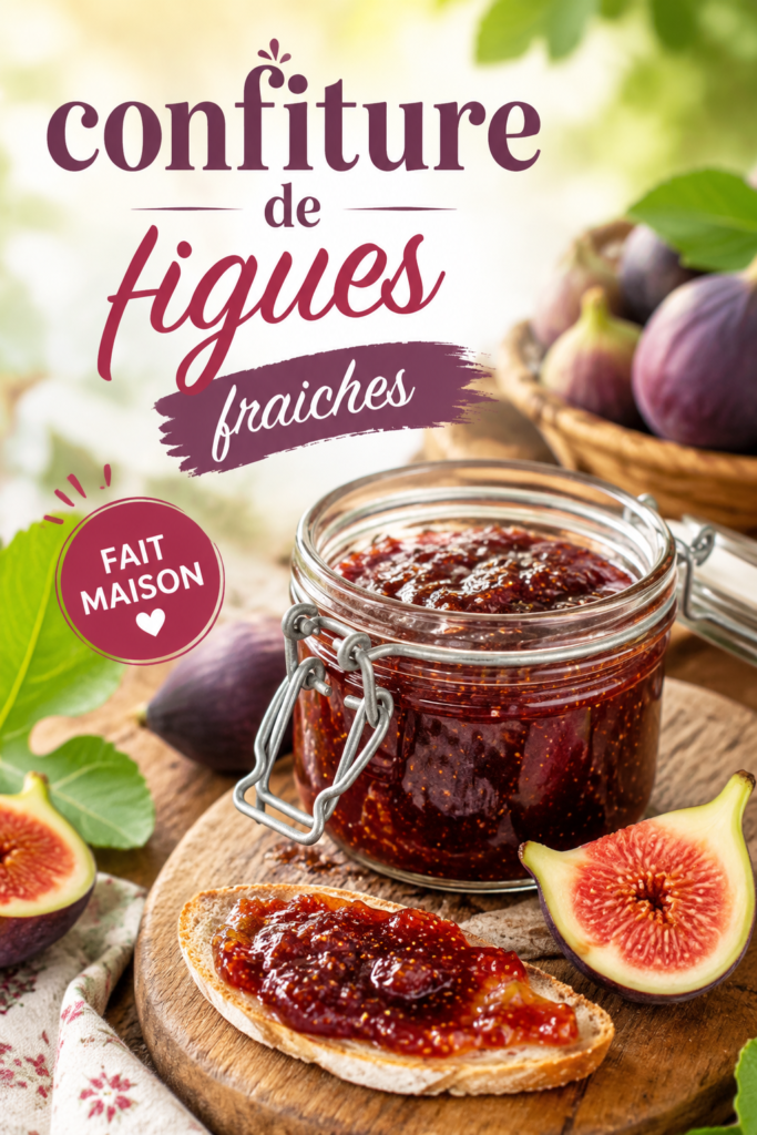 Confiture de figues fraîches dans un pot en verre, garnie de quelques figues entières.