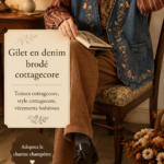 Gilet en jean brodé dans un décor cottagecore, représentant la mode féminine.