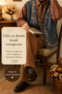 Gilet en jean brodé dans un décor cottagecore, représentant la mode féminine.