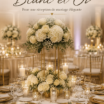 Réception de mariage décorée avec des fleurs blanches et des éléments dorés