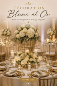 Réception de mariage décorée avec des fleurs blanches et des éléments dorés