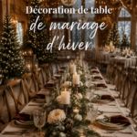 Décoration de table élégante pour un mariage d'hiver avec des éléments en bois et des fleurs blanches