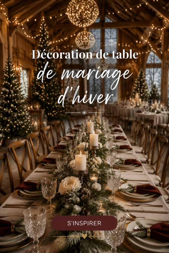 Décoration de table élégante pour un mariage d'hiver avec des éléments en bois et des fleurs blanches
