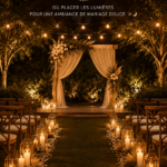 Un mariage élégant éclairé par de douces lumières nocturnes