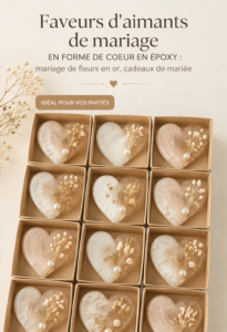 Aimants en époxy en forme de coeur, idéaux pour des faveurs de mariage.