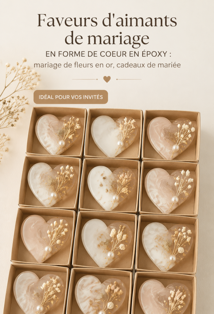 Aimants en époxy en forme de coeur, idéaux pour des faveurs de mariage.