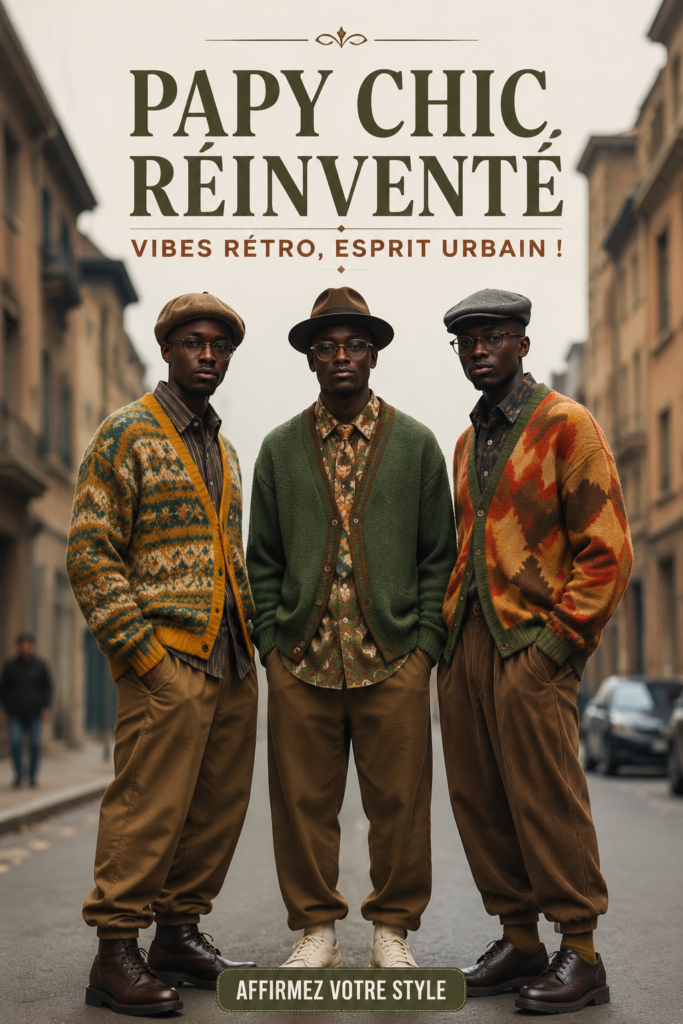 Une femme portant un ensemble vintage inspiré du style Grandpa Chic, alliant mode rétro et moderne.