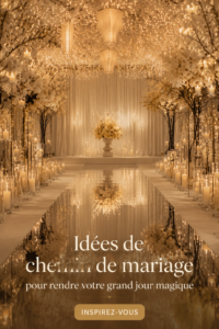Allée de mariage ornée de fleurs et de lanternes, créant une ambiance magique.