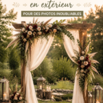 Arche de mariage extérieure décorée de fleurs et de tissu blanc sous un ciel bleu