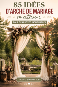 Arche de mariage extérieure décorée de fleurs et de tissu blanc sous un ciel bleu