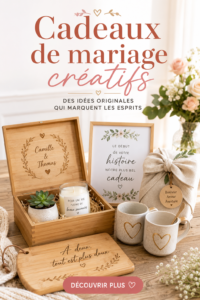 Cadeaux de mariage créatifs disposés sur une table avec des fleurs