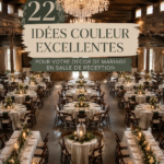Salle de banquet magnifiquement décorée pour un mariage avec des éléments colorés.