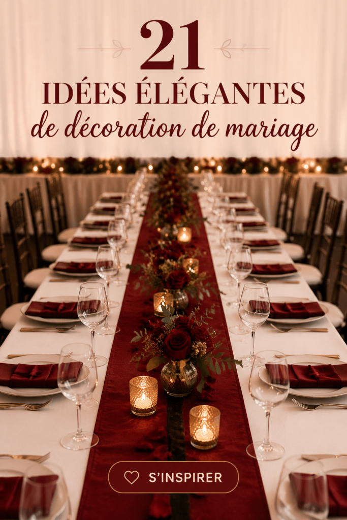 Décoration élégante de mariage en rouge avec des fleurs et des bougies