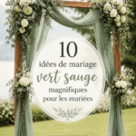 Un mariage décoré de détails en vert sauge, incluant des centrepieces floraux et des serviettes.