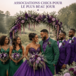 Mariage élégant avec une palette de violet et vert, décorations florales