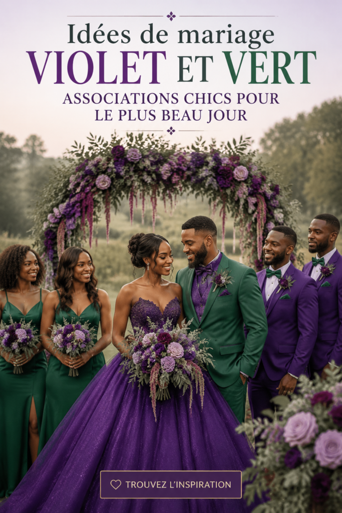 Mariage élégant avec une palette de violet et vert, décorations florales
