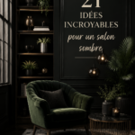 Salon moderne aux teintes sombres avec un éclairage chaleureux