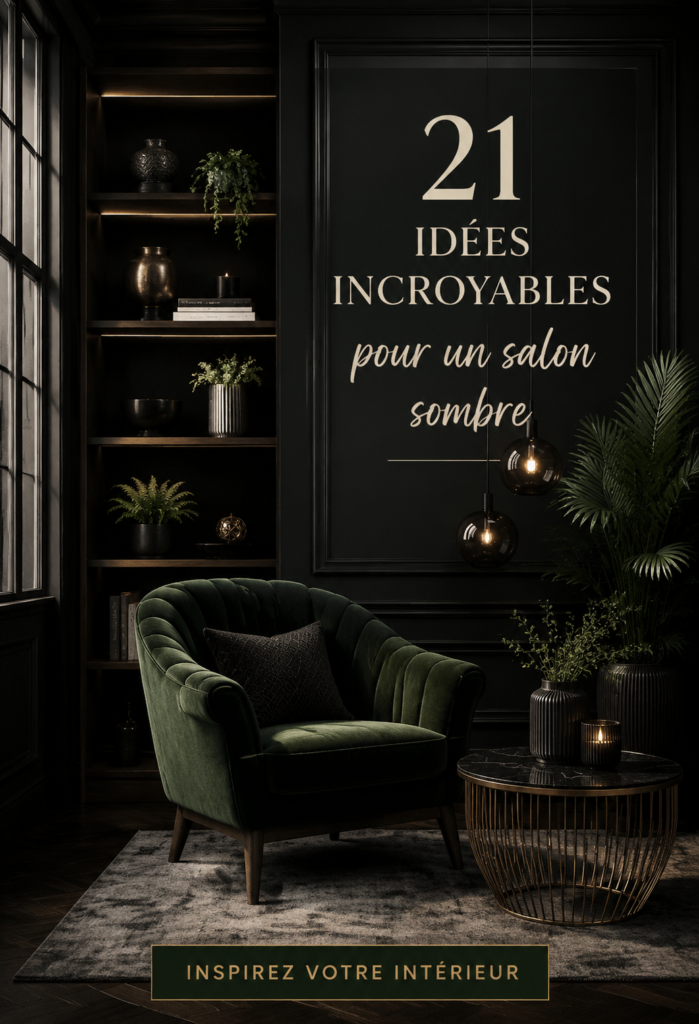 Salon moderne aux teintes sombres avec un éclairage chaleureux
