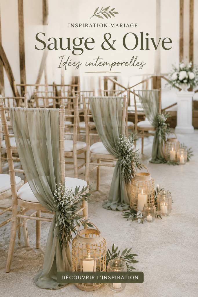 Ambiance apaisante et chic d'un mariage inspiré des sages et oliviers, avec des éléments décoratifs naturels.