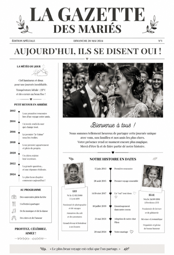 Extrait de La Gazette des Mariés avec des idées inspirantes pour les cérémonies nuptiales.