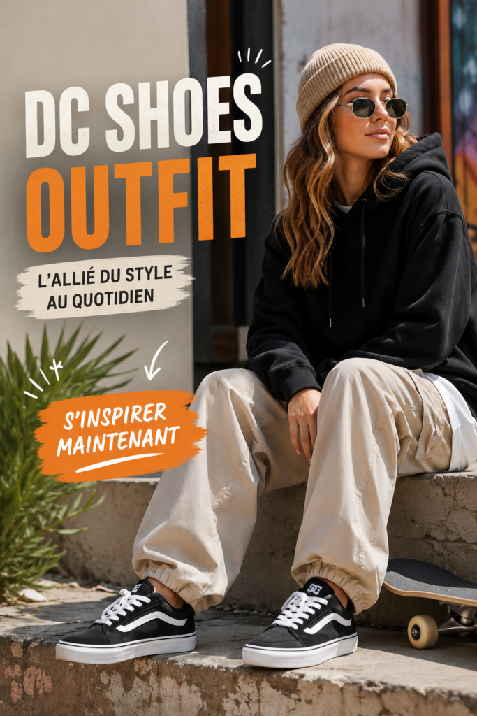 Une femme dans une tenue décontractée avec des DC Shoes, prête pour une sortie.