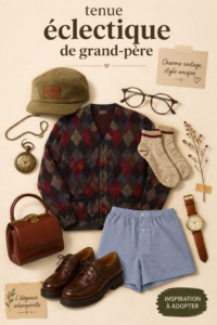 Un look vintage inspiré par grand-père, incluant des pièces élégantes et confortables.