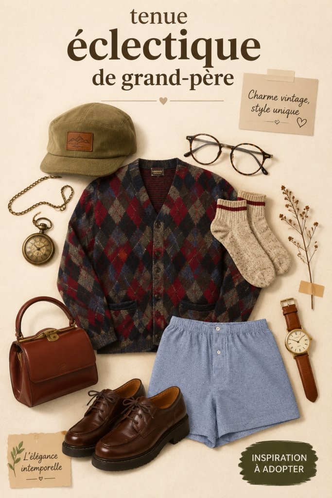 Un look vintage inspiré par grand-père, incluant des pièces élégantes et confortables.