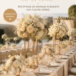 Mariage élégant avec décor champagne et crème, mettant en avant des fleurs et des détails raffinés.