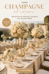Mariage élégant avec décor champagne et crème, mettant en avant des fleurs et des détails raffinés.